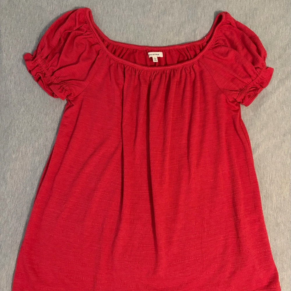 Max Studio Bright Red Scoop Neck Puff Sleeve Tunic